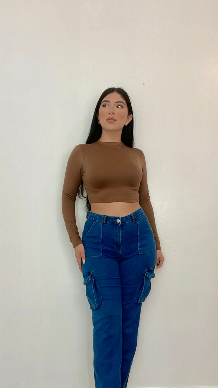 Buttery Soft Long Sleeve Crop Top In Brown