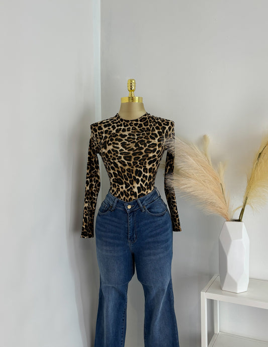 Double Layered Long Sleeve Bodysuit Cheetah Print