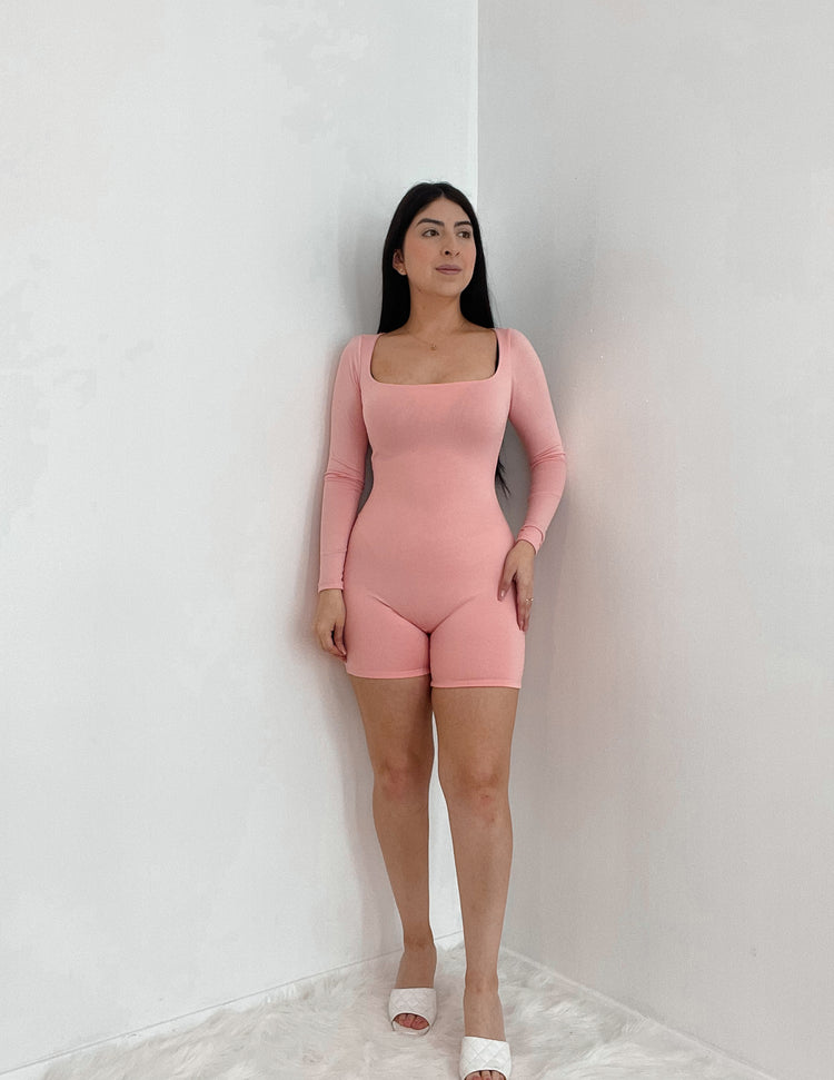 Long Sleeve Double Lined Romper In Pink